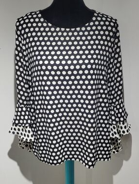 Rose + Olive Women's Polka Dot Ruffle Statement Sleeve Blouse Large Black White